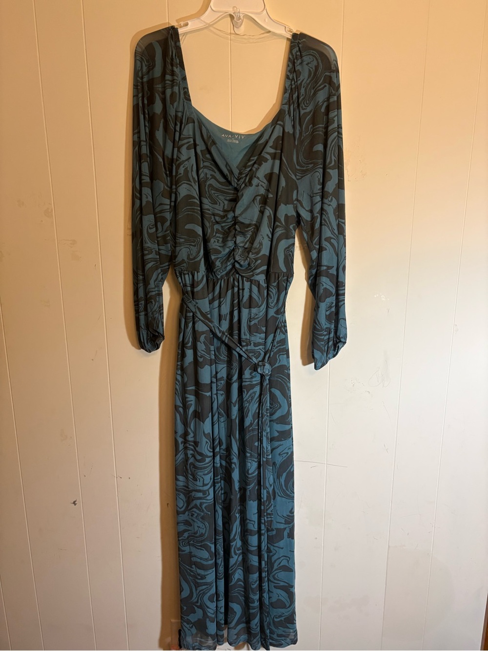 Ava & Viv Blue & Gray Balloon Sleeve Cinched Swirl Print Mesh Maxi Dress plus 2X